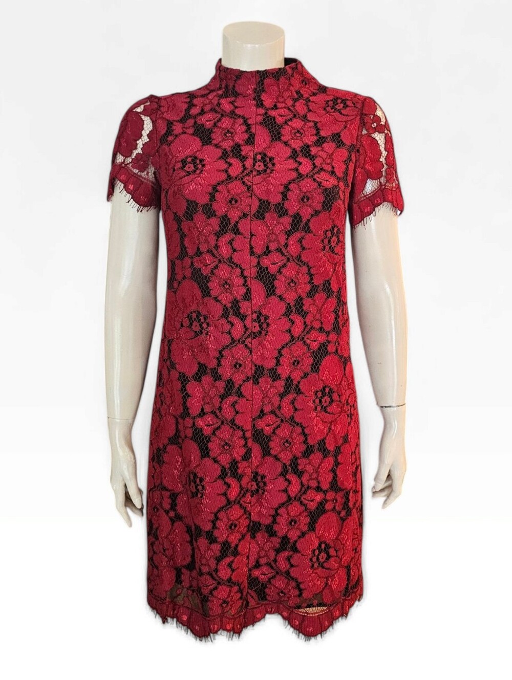BETSEY JOHNSON Red Black Lace Overlay Shift Mini Dress 4
